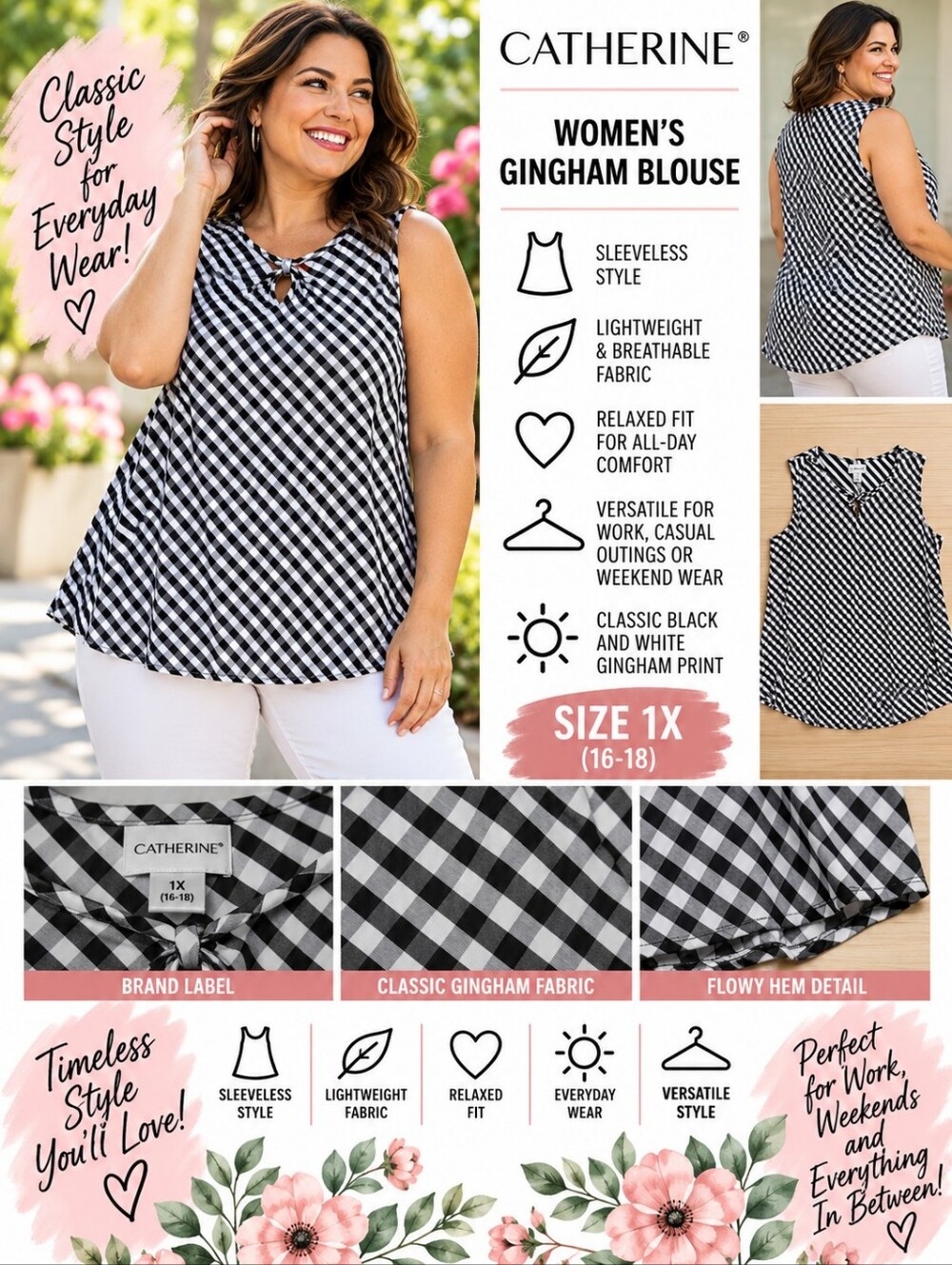 Catherine Black and White Gingham Sleeveless Blouse Top Women's Size 1X #35